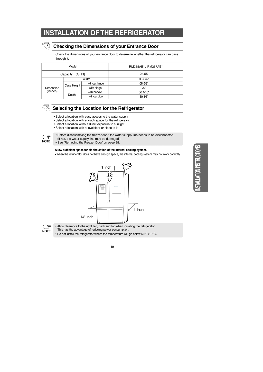 Samsung RM257AB*, RM255AB* Installation Of The Refrigerator, Checking the Dimensions of your Entrance Door, 1/8 inch 