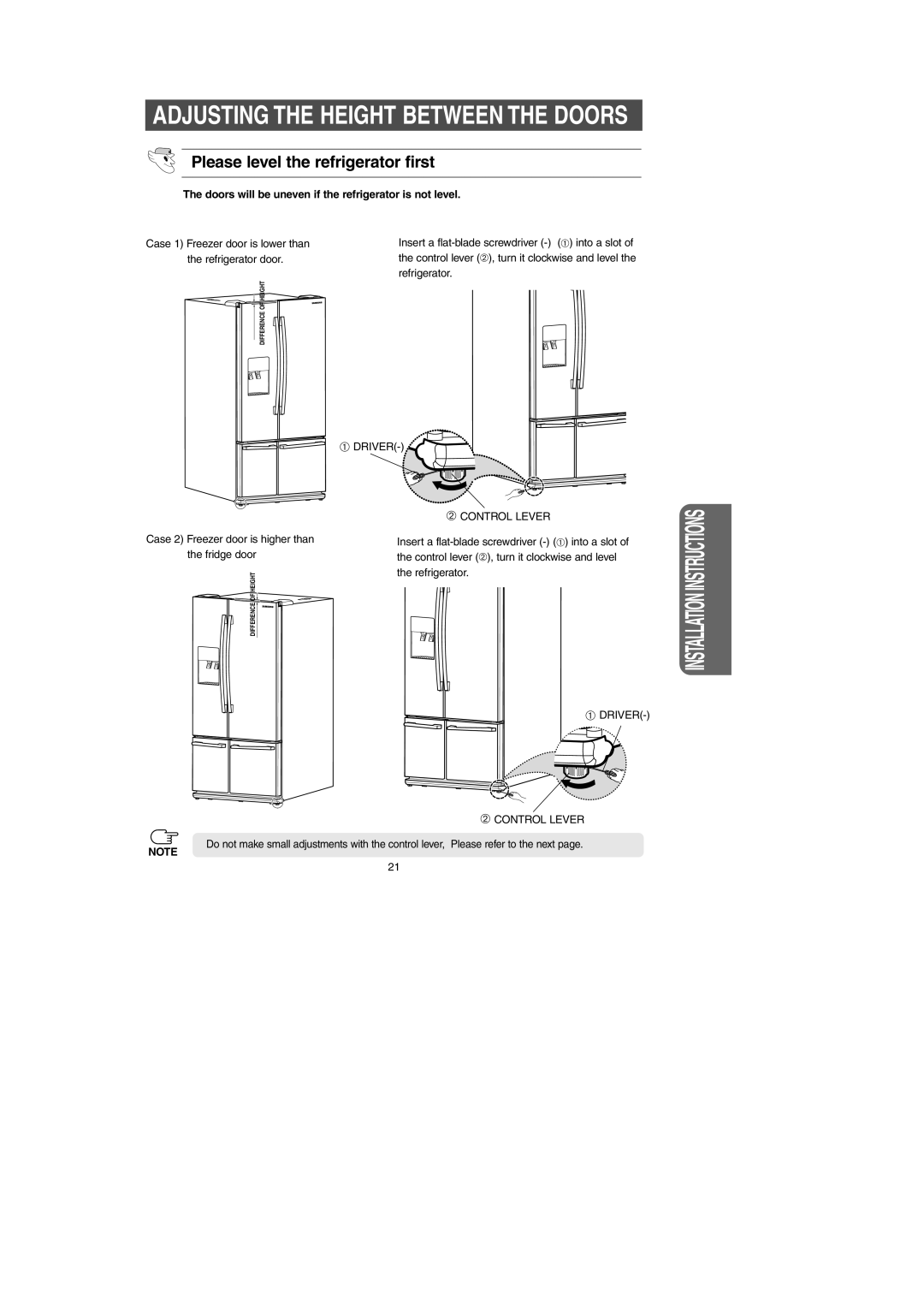Samsung RM257AB*, RM255AB* owner manual Adjusting The Height Between The Doors, Please level the refrigerator first 