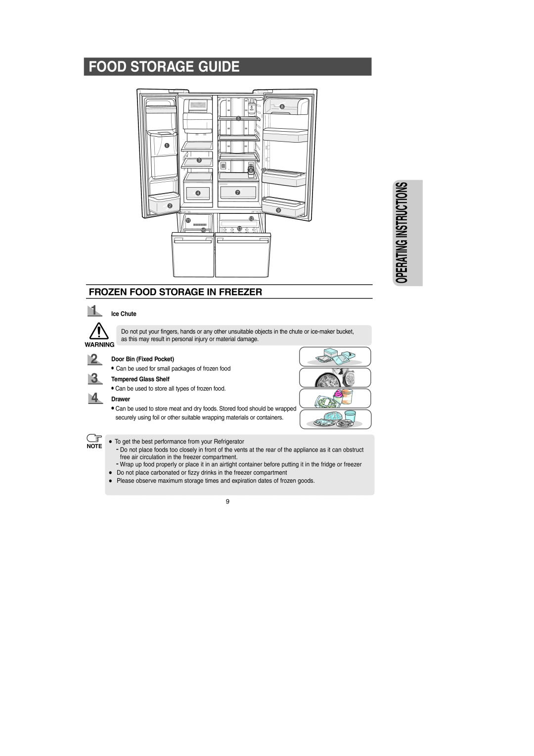 Samsung RM257AB*, RM255AB* Food Storage Guide, Frozen Food Storage In Freezer, Operating Instructions, Ice Chute, Drawer 
