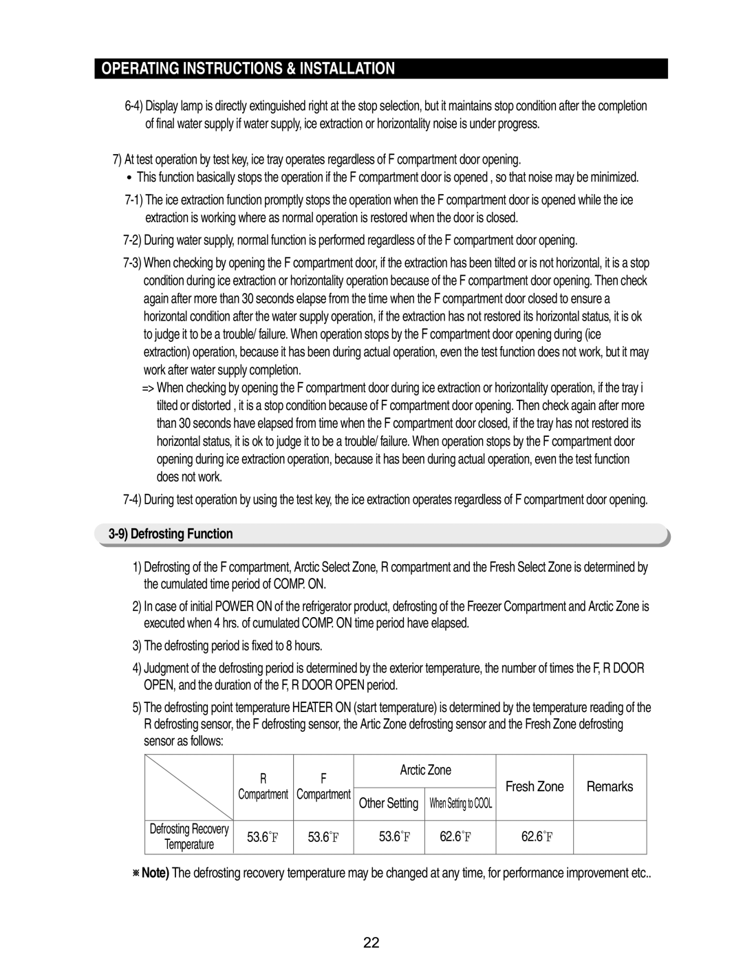 Samsung RM255BABB, RM255BASB manual Defrosting Function, Defrosting period is fixed to 8 hours, Arctic Zone, 53.6 62.6 