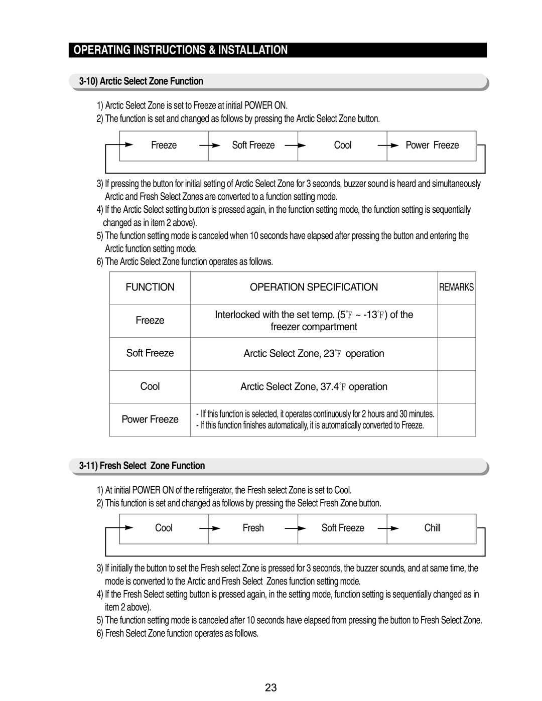 Samsung RM255BASB, RM255BABB manual Arctic Select Zone Function, Operation, Fresh Select Zone Function 