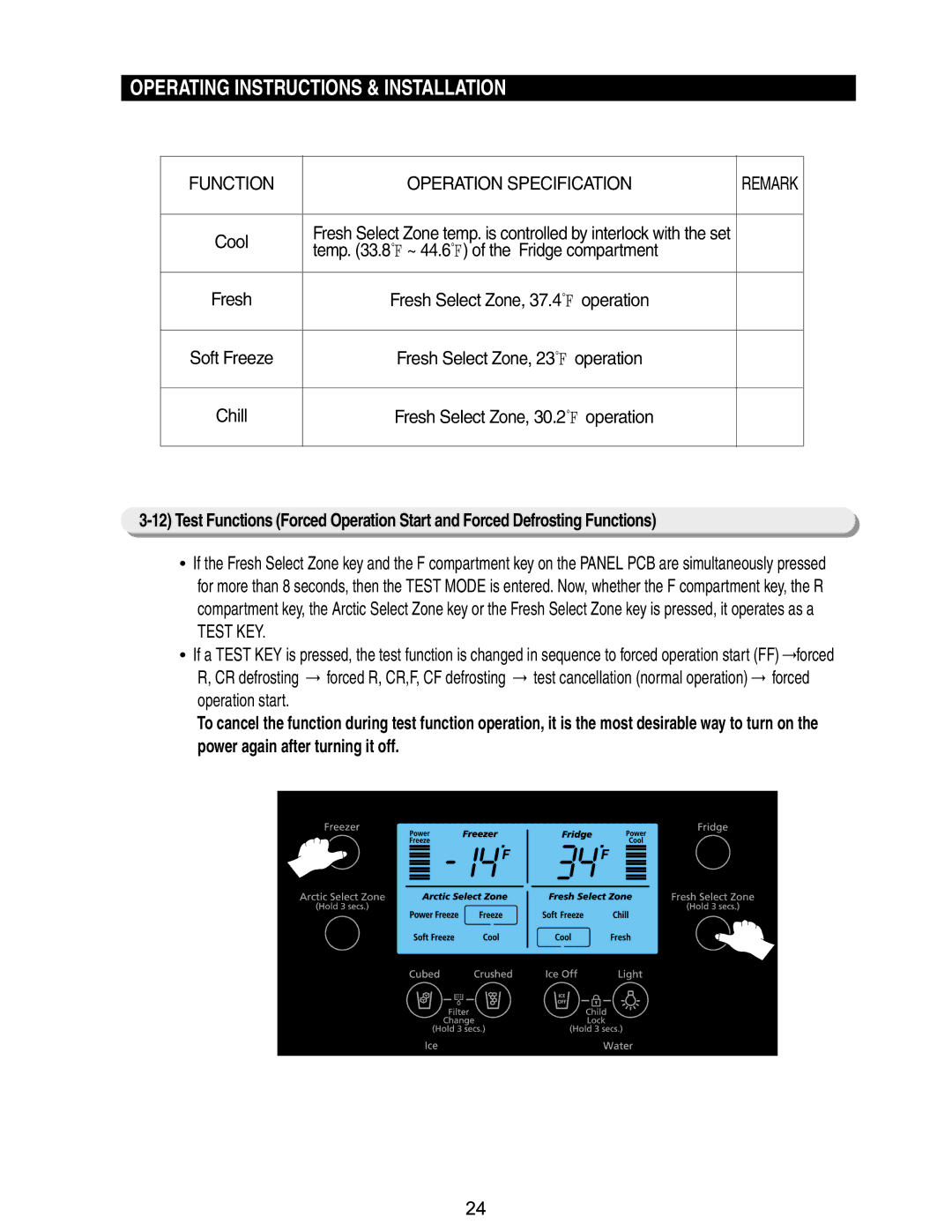 Samsung RM255BABB Function Operation Specification, Temp .8 ~ 44.6 of the Fridge compartment, Test KEY, Operation start 