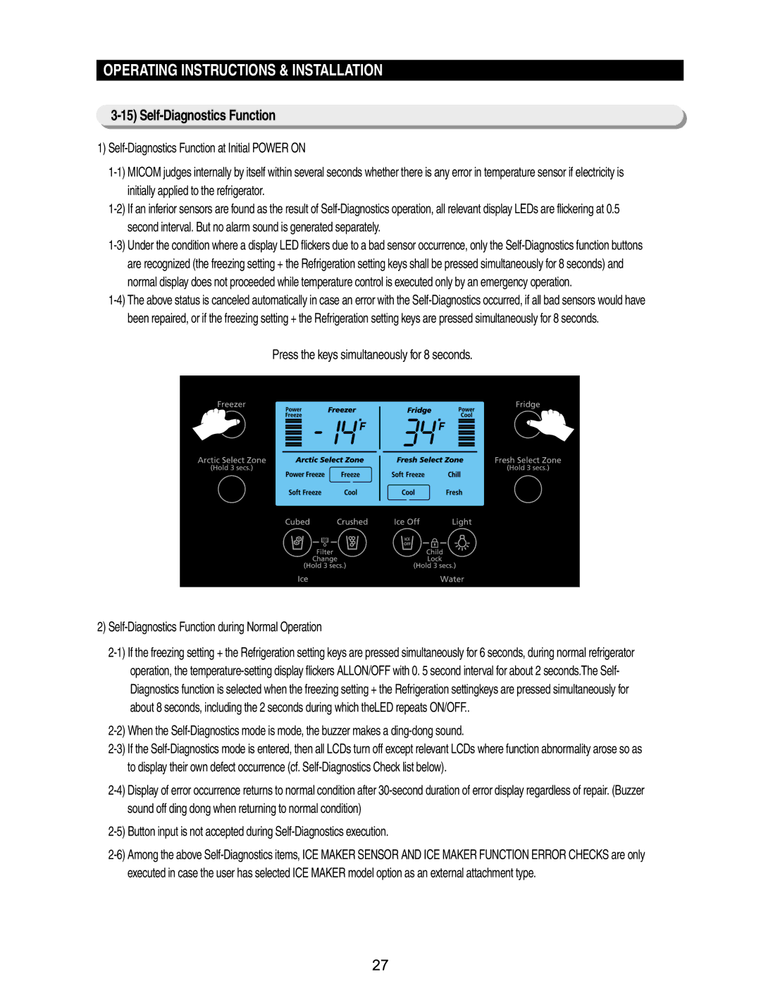 Samsung RM255BASB, RM255BABB manual Operating Instructions & Installation, Self-Diagnostics Function 