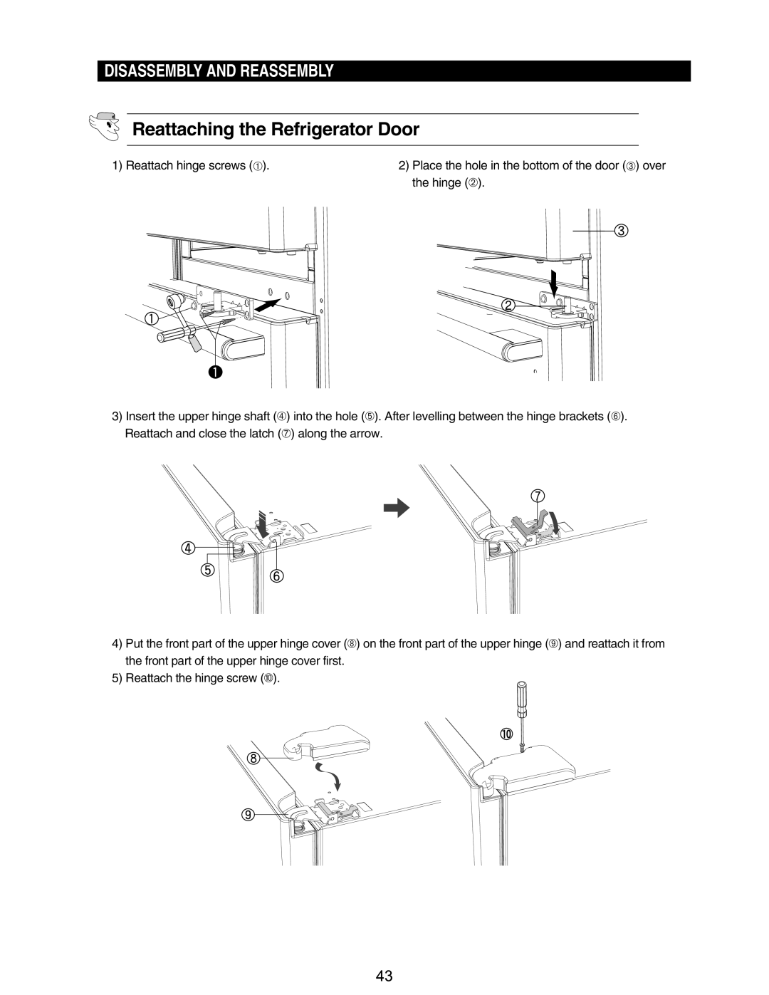 Samsung RM255BASB, RM255BABB manual Reattaching the Refrigerator Door 