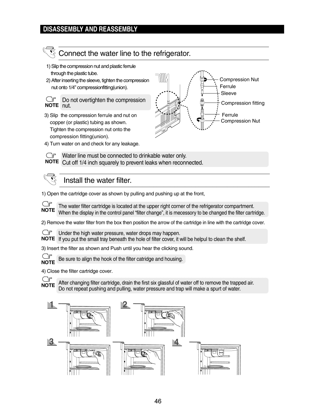 Samsung RM255BABB manual Do not overtighten the compression Note nut, Water line must be connected to drinkable water only 