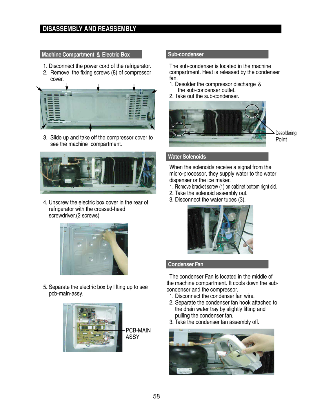 Samsung RM255BABB manual Machine Compartment Electric Box, PCB-MAIN Assy, Sub-condenser, Water Solenoids, Condenser Fan 