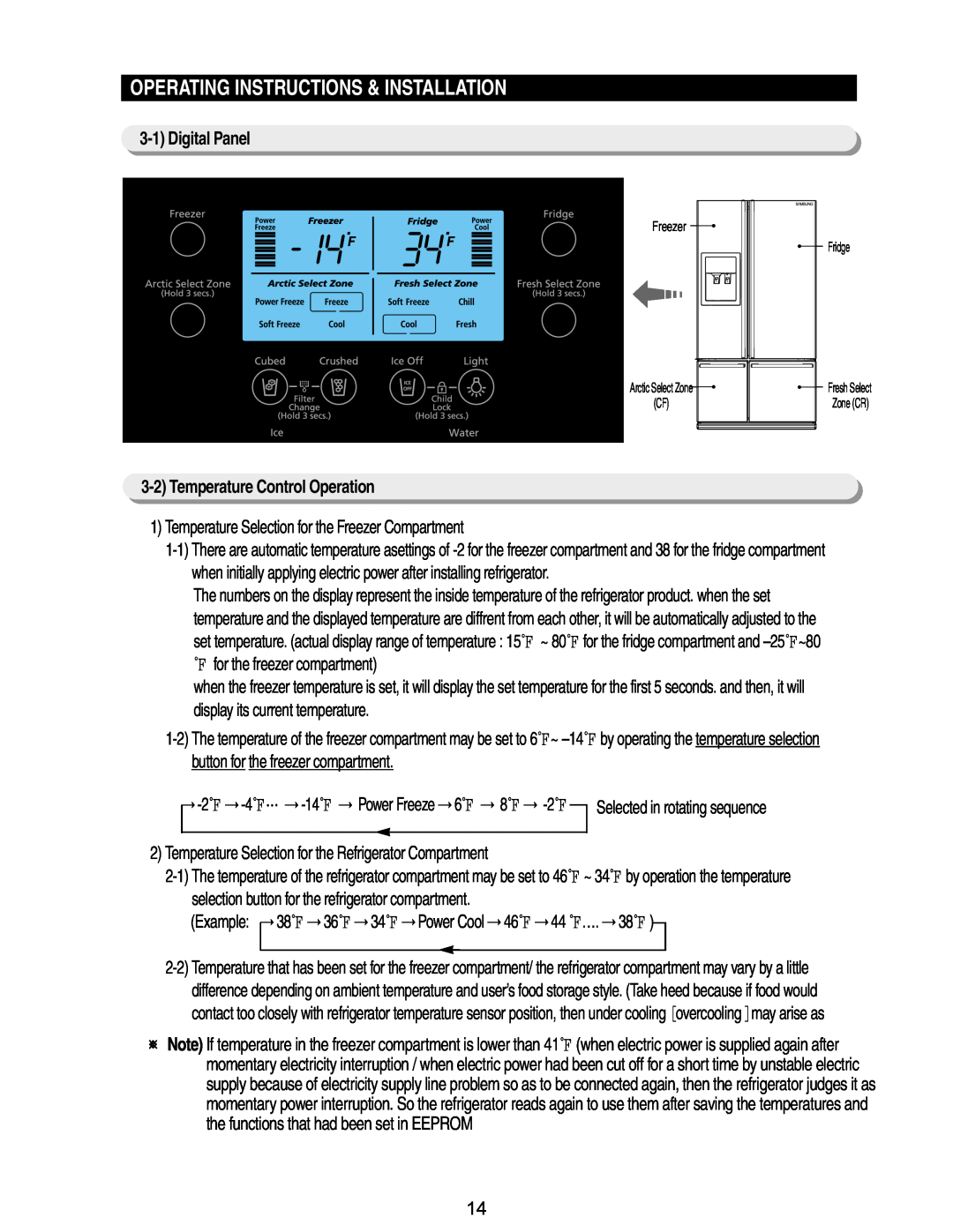 Samsung RM255BABB, RM255BASB manual Operating Instructions & Installation, Digital Panel, Temperature Control Operation 