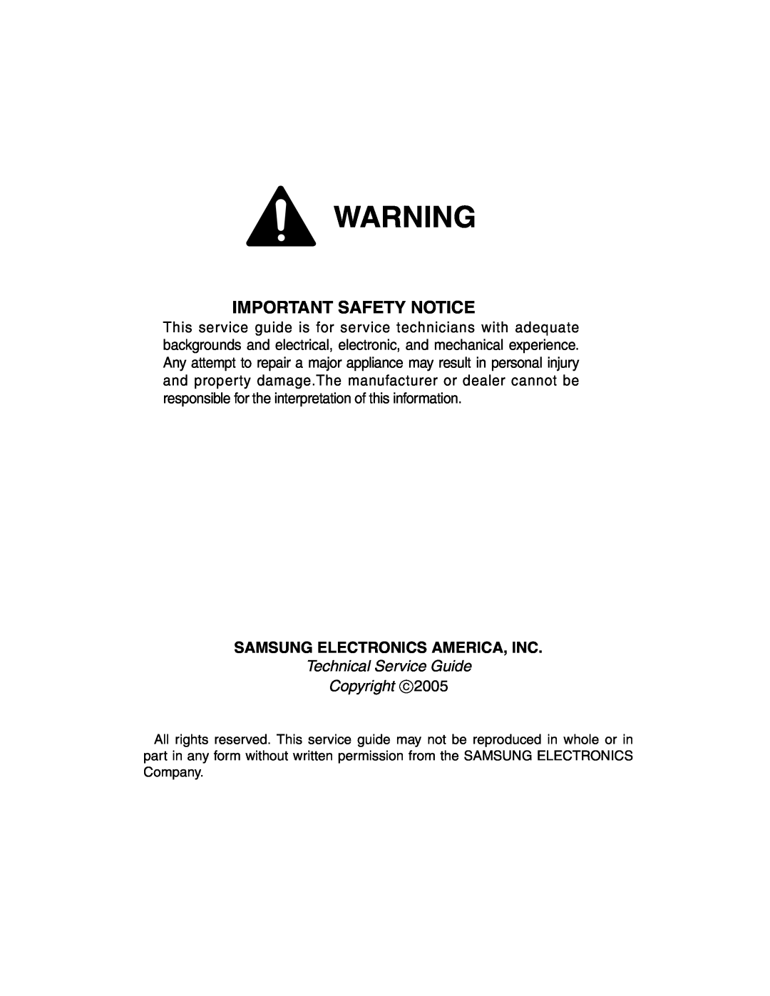 Samsung RM255BABB, RM255BASB Technical Service Guide Copyright, Important Safety Notice, Samsung Electronics America, Inc 