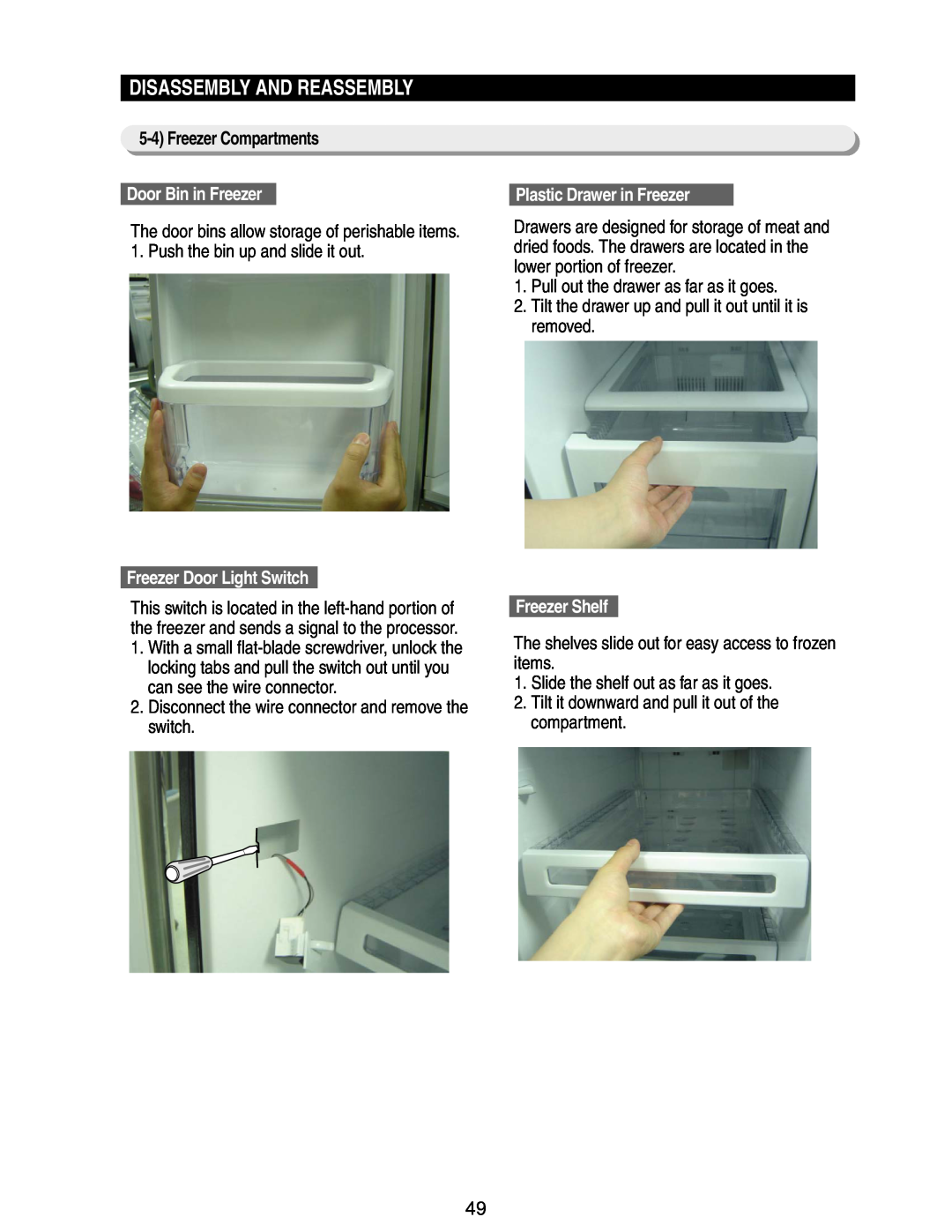 Samsung RM255BASB manual Freezer Compartments, Door Bin in Freezer, Freezer Door Light Switch, Plastic Drawer in Freezer 
