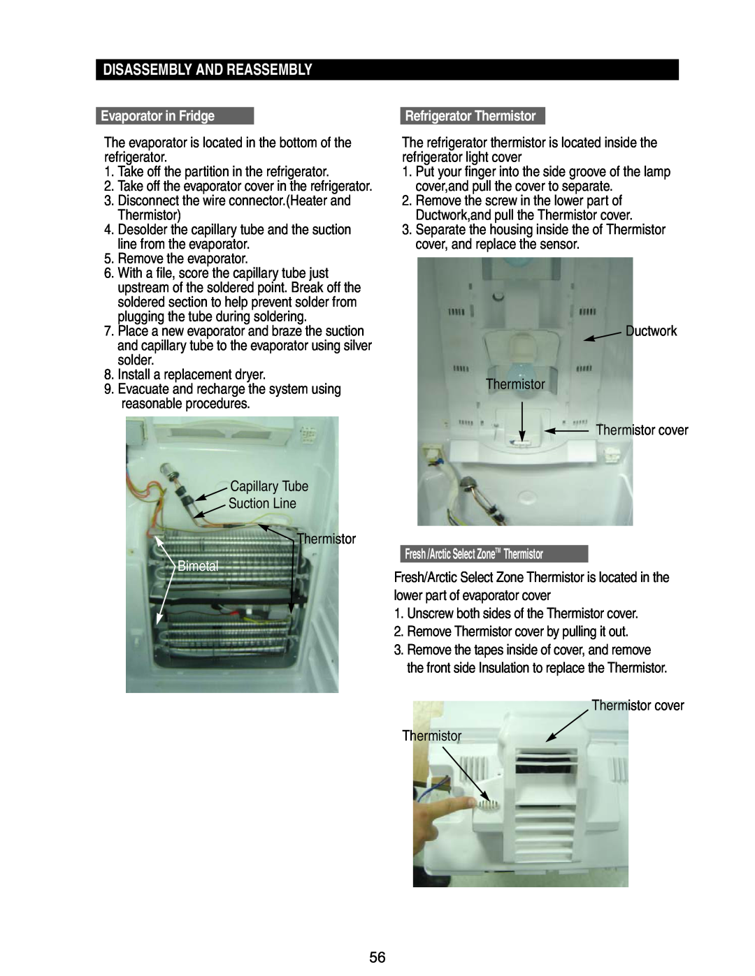 Samsung RM255BABB, RM255BASB manual Disassembly And Reassembly, Evaporator in Fridge, Bimetal, Refrigerator Thermistor 