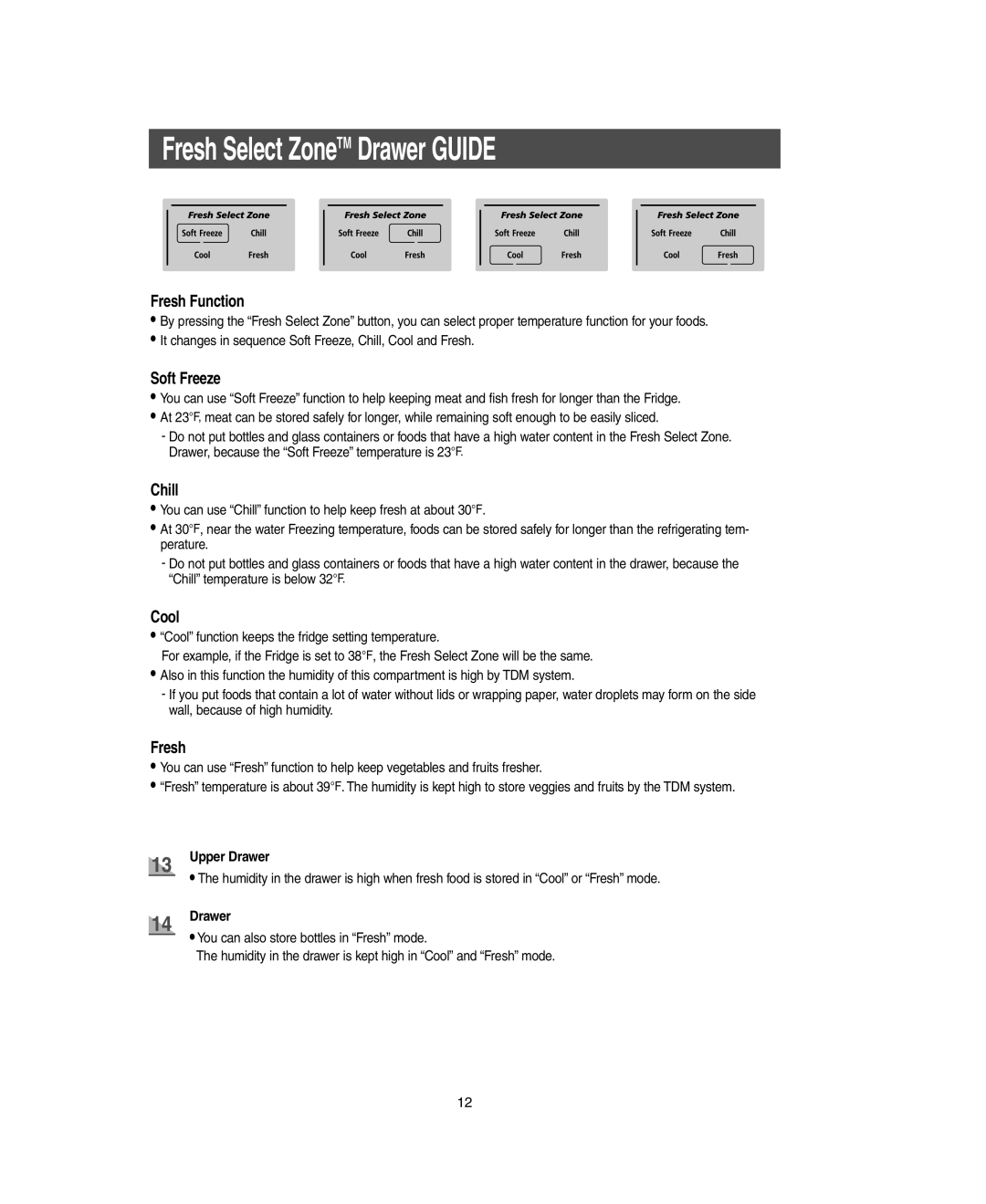 Samsung RM255LARS owner manual Fresh Select ZoneTM Drawer Guide, Upper Drawer 