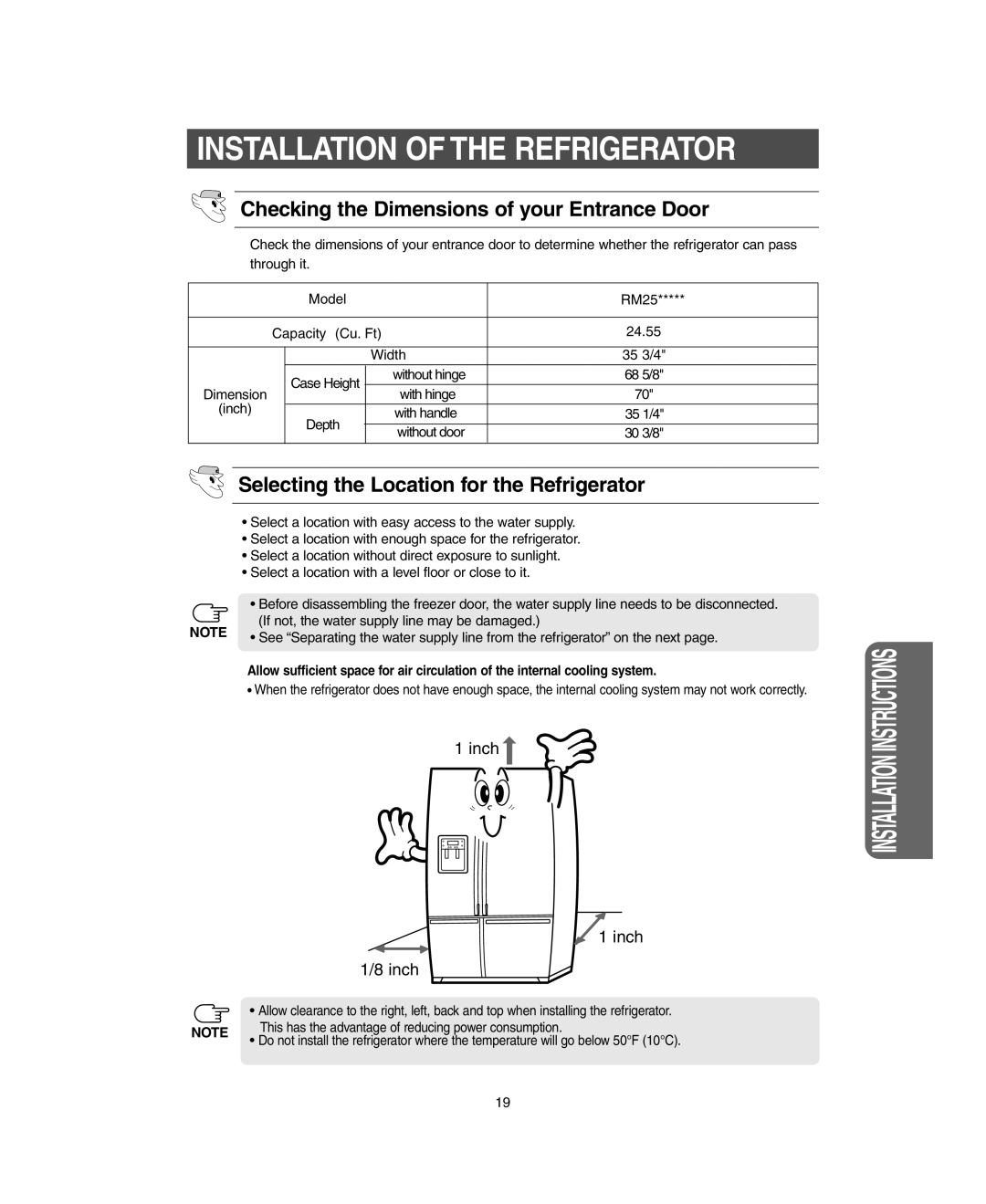 Samsung RM255LARS owner manual Installation of the Refrigerator, Checking the Dimensions of your Entrance Door 