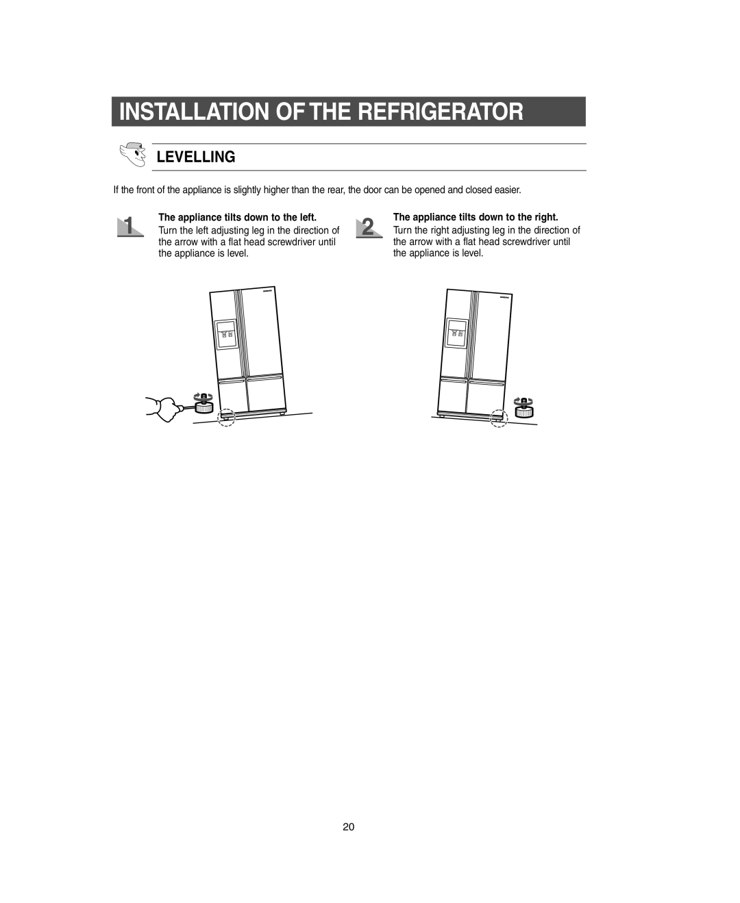 Samsung RM255LARS owner manual Appliance tilts down to the left, Appliance tilts down to the right 