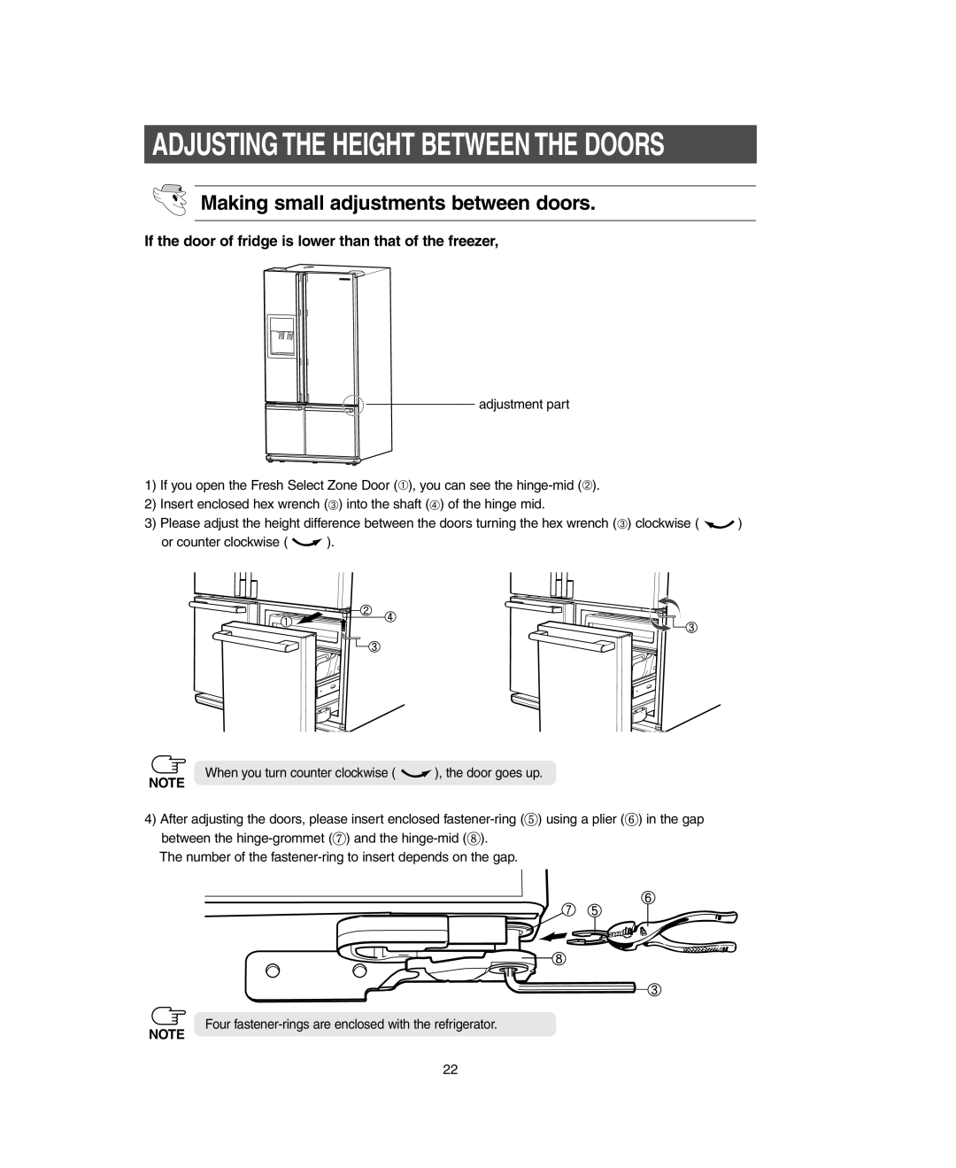 Samsung RM255LARS owner manual Adjusting the Height Between the Doors, Making small adjustments between doors 