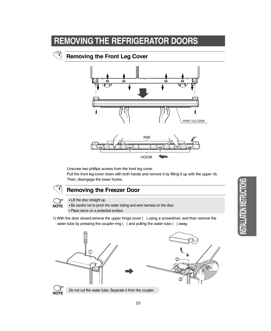 Samsung RM255LARS owner manual Removing the Refrigerator Doors, Removing the Front Leg Cover, Removing the Freezer Door 