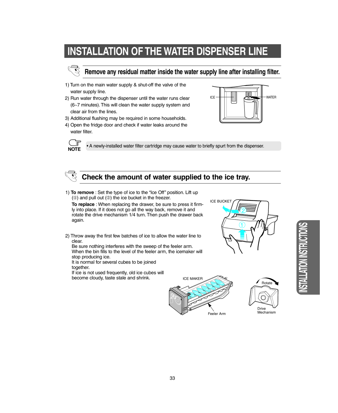 Samsung RM255LARS owner manual Installation of the Water Dispenser Line, Check the amount of water supplied to the ice tray 