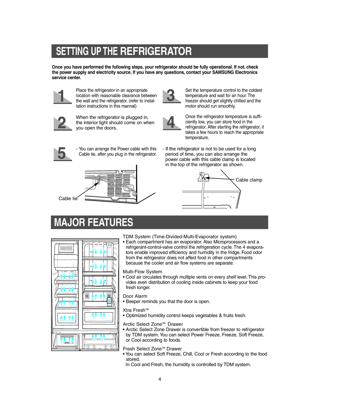 Samsung RM255LARS owner manual Setting UP the Refrigerator, Major Features 