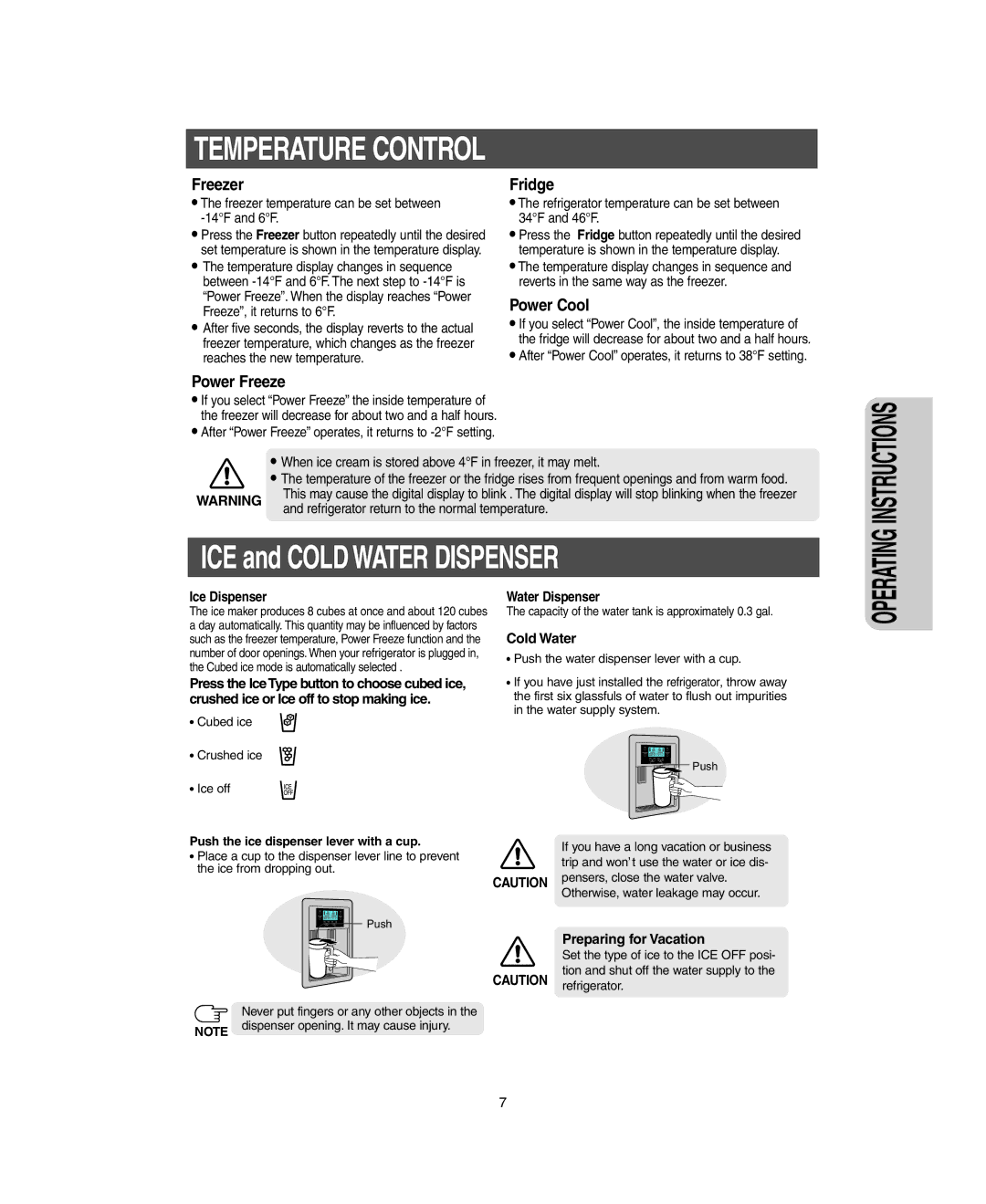 Samsung RM255LARS owner manual Ice Dispenser Water Dispenser, Cold Water, Preparing for Vacation 