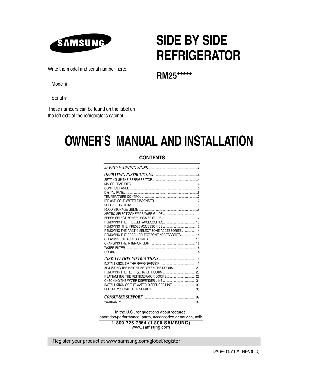 Samsung RM255LARS owner manual Write the model and serial number here, Model # Serial #, Contents, Safety Warning Signs 