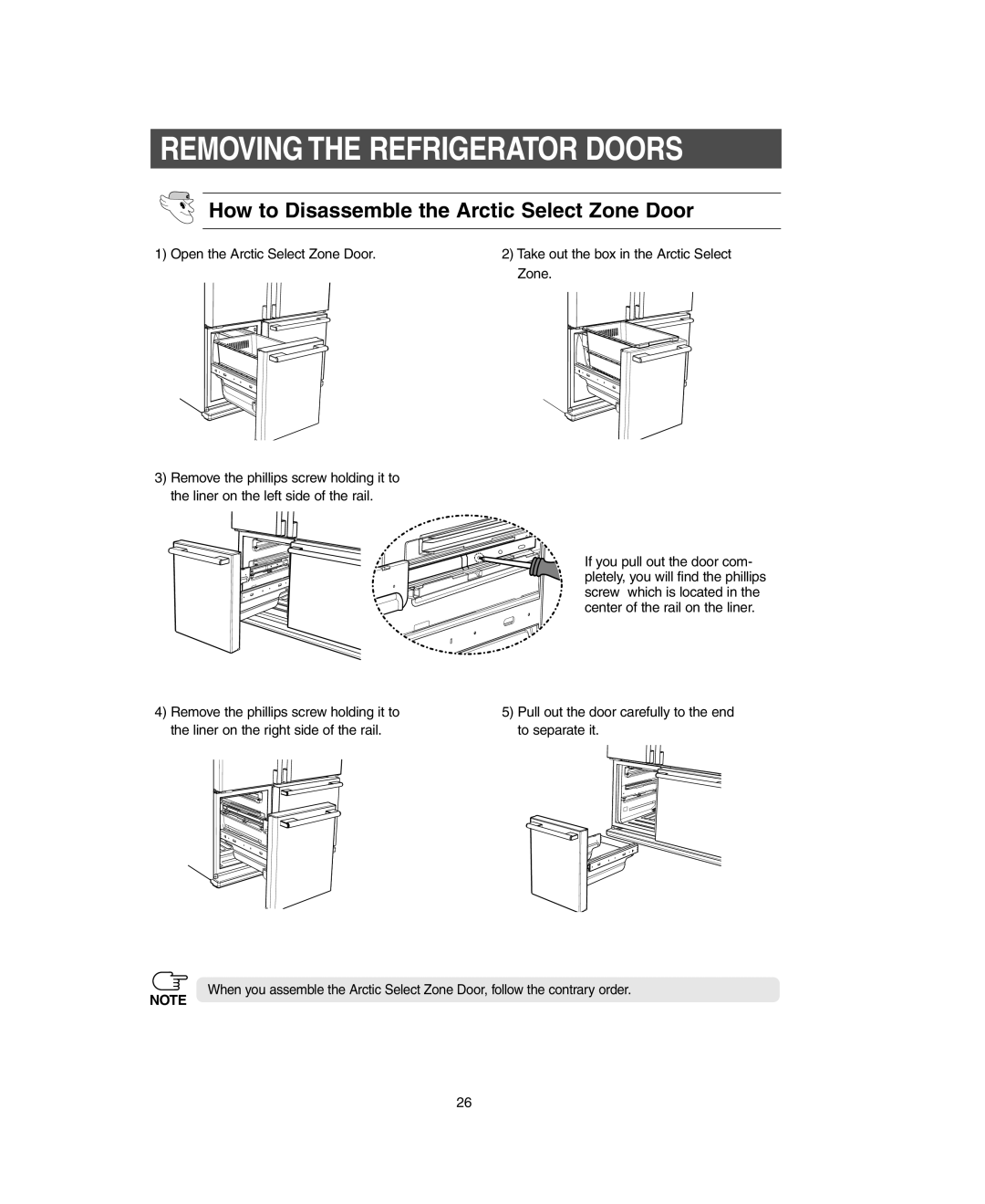 Samsung RM255LARS owner manual How to Disassemble the Arctic Select Zone Door, Removing The Refrigerator Doors 