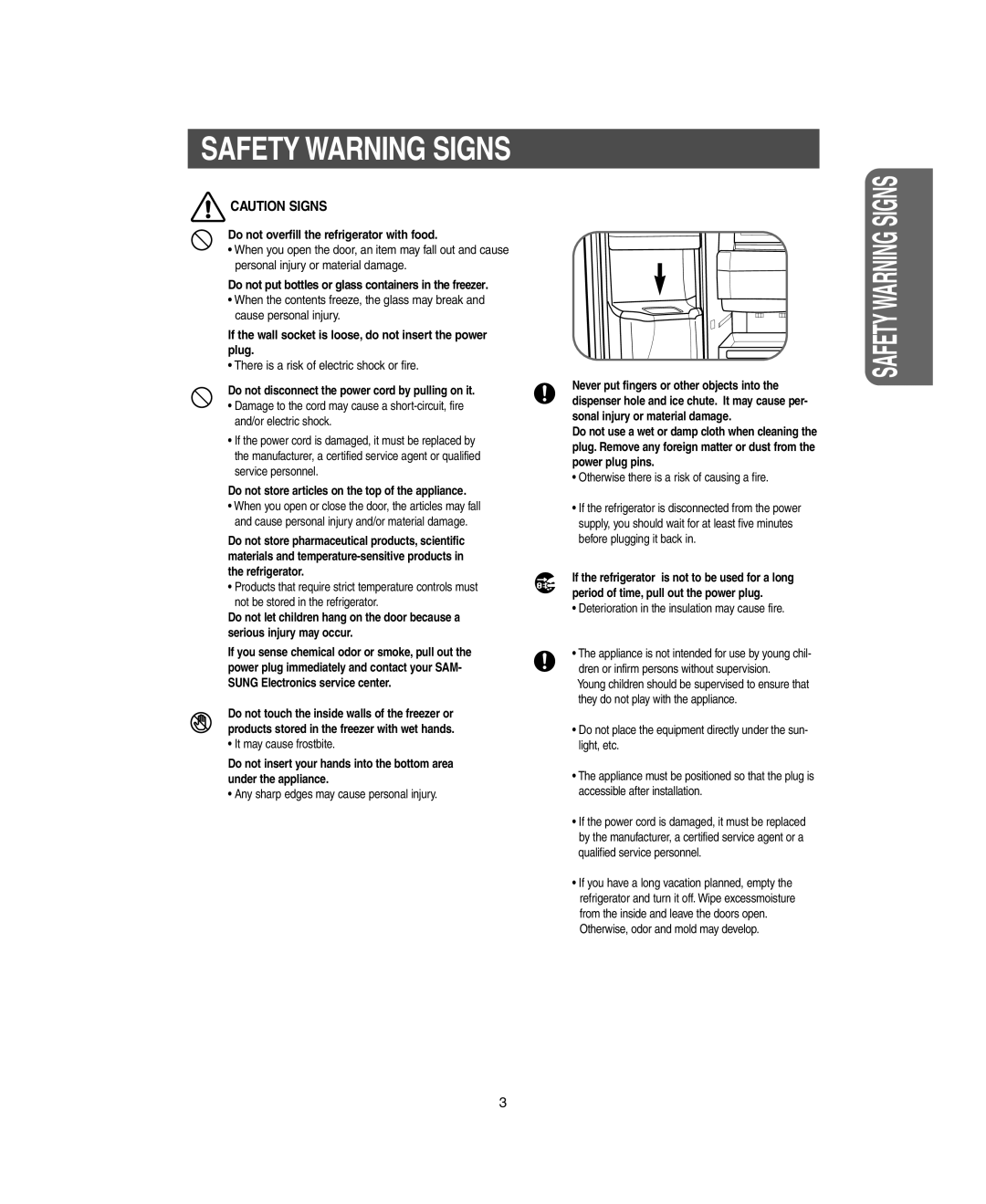 Samsung RM255LARS owner manual Safety Warning Signs, Caution Signs, Do not overfill the refrigerator with food 