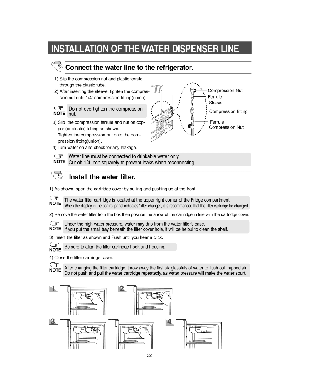 Samsung RM255LARS owner manual Installation Of The Water Dispenser Line, Connect the water line to the refrigerator 