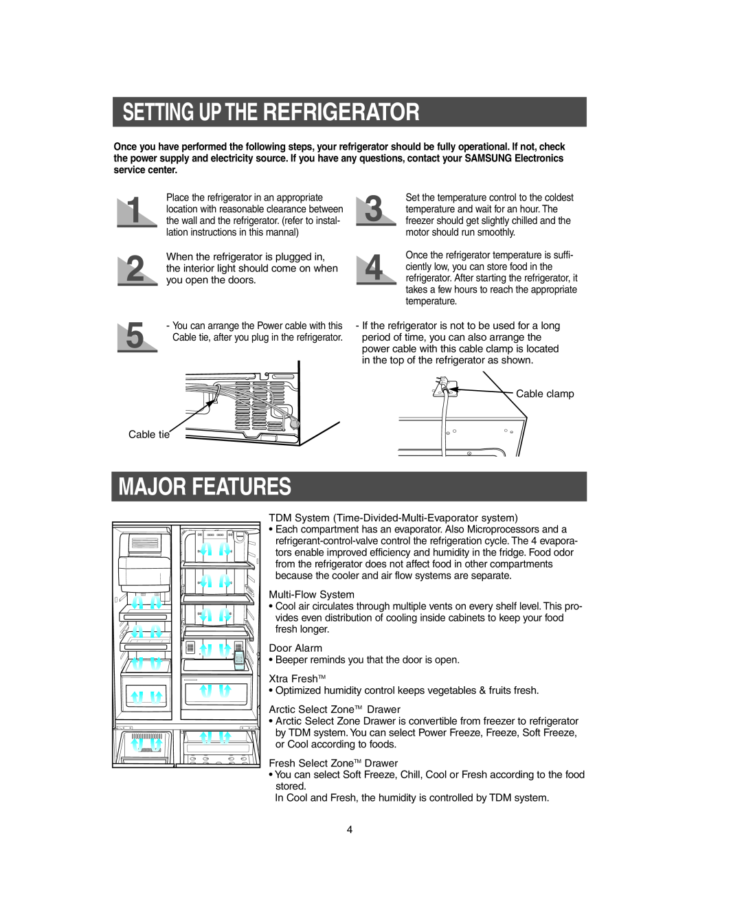 Samsung RM255LARS owner manual Setting Up The Refrigerator, Major Features 