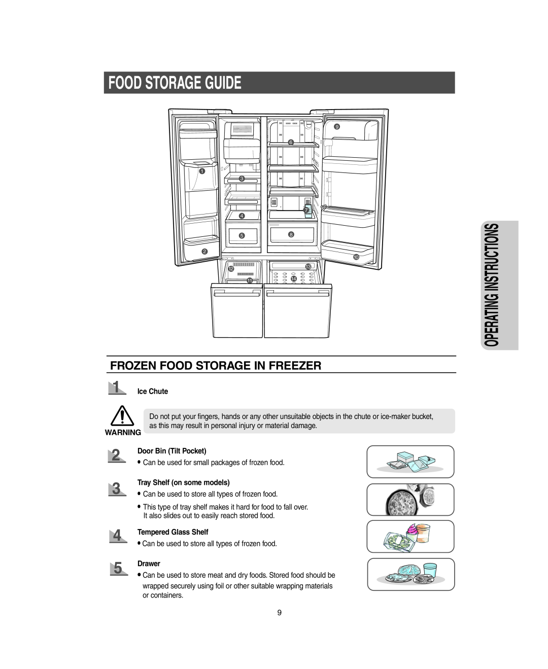 Samsung RM255LARS Food Storage Guide, Frozen Food Storage In Freezer, Operating Instructions, Ice Chute, Drawer 