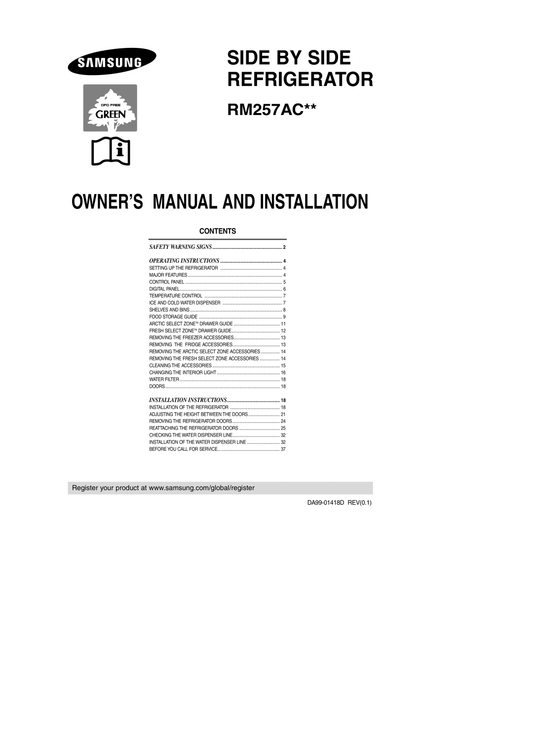 Samsung RM257AC** owner manual Side by Side Refrigerator 