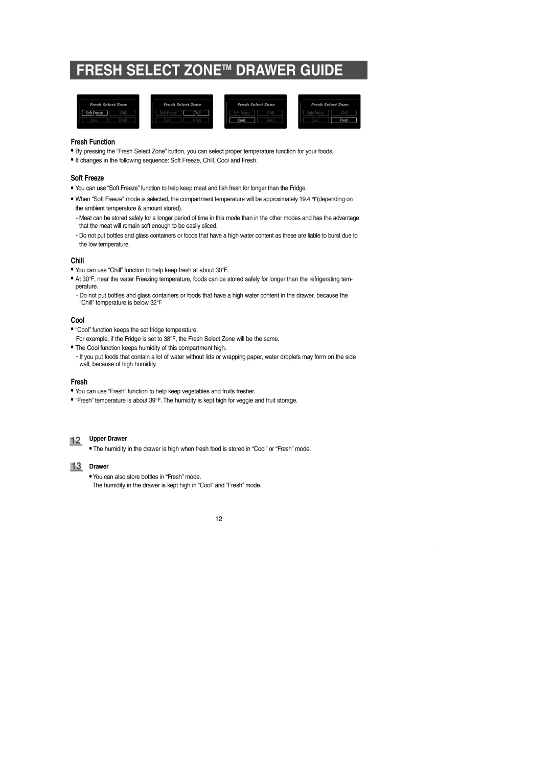 Samsung RM257AC** owner manual Fresh Select Zonetm Drawer Guide, Upper Drawer 