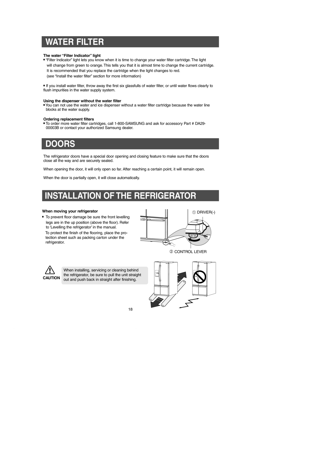 Samsung RM257AC** owner manual Water Filter, Doors, Installation of the Refrigerator 