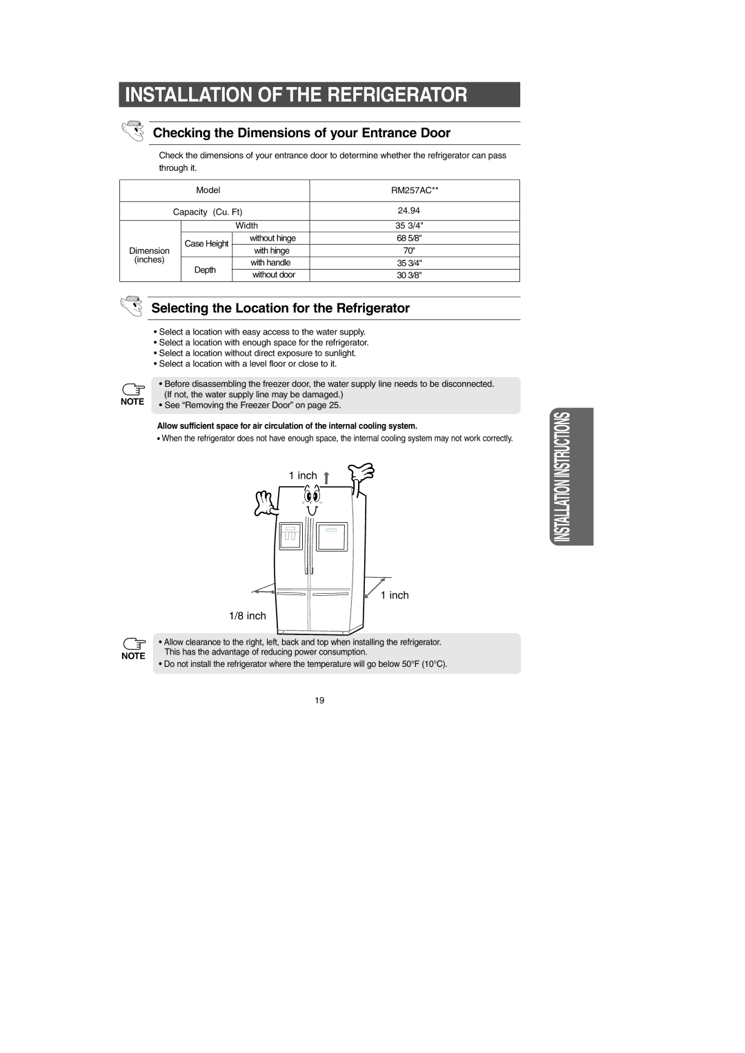 Samsung RM257AC** owner manual Checking the Dimensions of your Entrance Door, Selecting the Location for the Refrigerator 