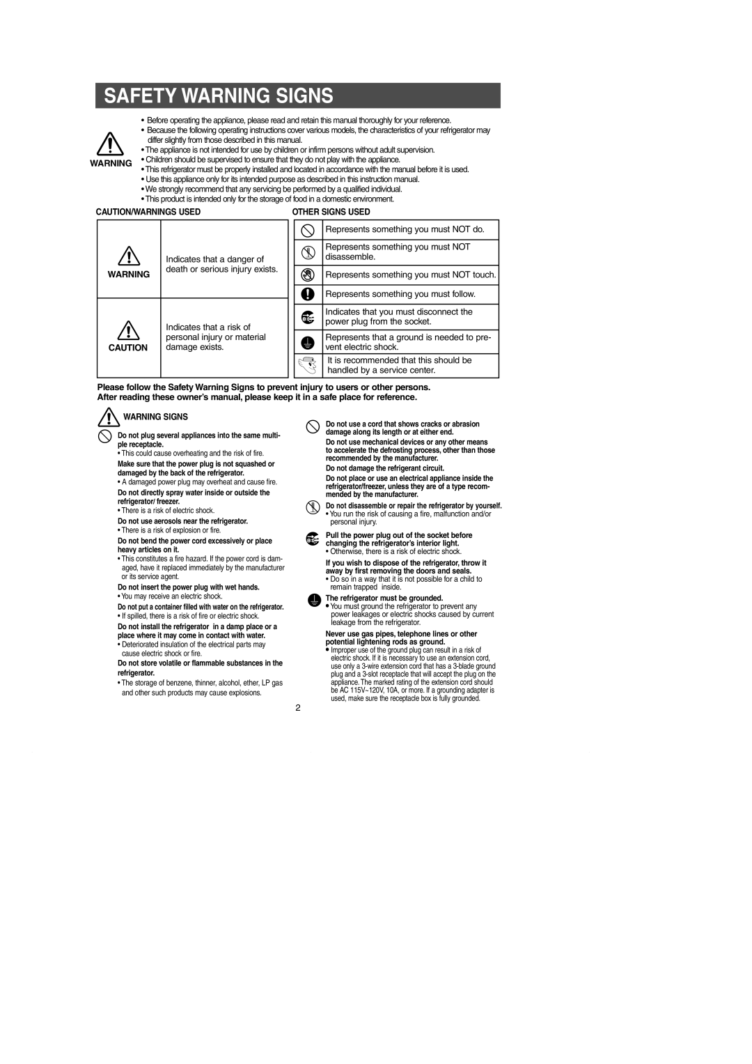 Samsung RM257AC** owner manual Safety Warning Signs, Other Signs Used 