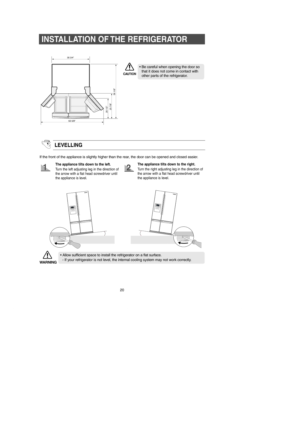 Samsung RM257AC** owner manual Appliance tilts down to the left, Appliance tilts down to the right 