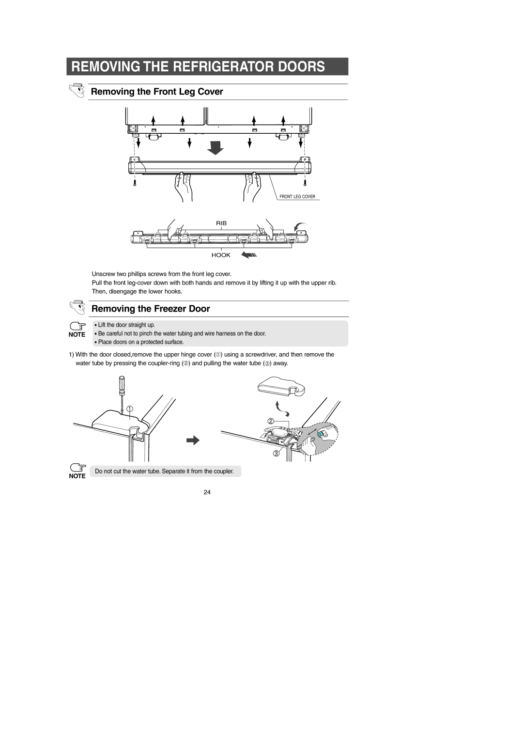 Samsung RM257AC** owner manual Removing the Refrigerator Doors, Removing the Front Leg Cover, Removing the Freezer Door 