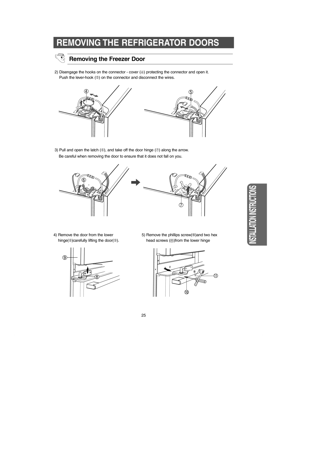 Samsung RM257AC** owner manual Removing the Refrigerator Doors 