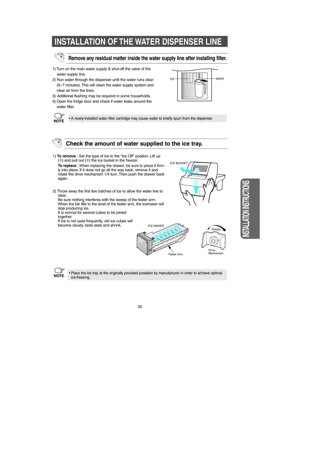 Samsung RM257AC** owner manual Installation of the Water Dispenser Line, Check the amount of water supplied to the ice tray 