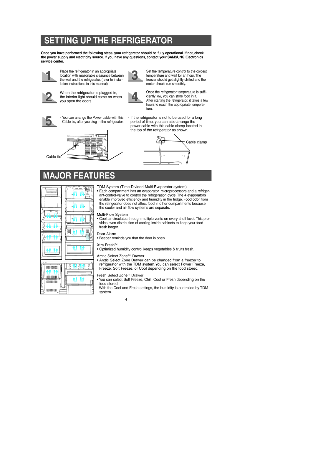 Samsung RM257AC** owner manual Setting UP the Refrigerator, Major Features 