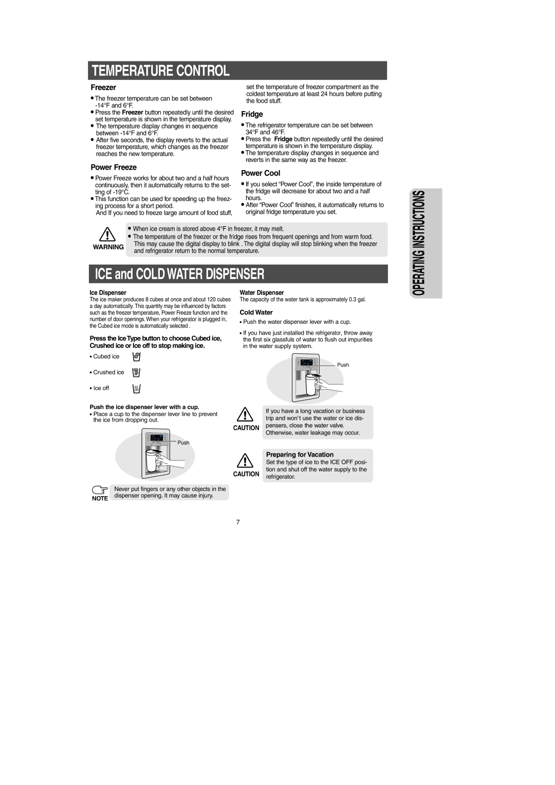 Samsung RM257AC** owner manual Ice Dispenser, Water Dispenser, Cold Water, Preparing for Vacation 