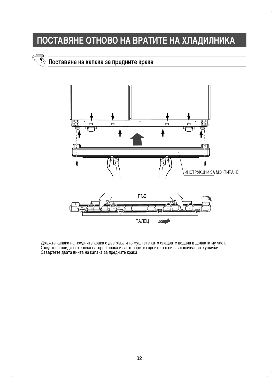 Samsung RM25KGRS1/BUL, RM25KGRS1/EUR manual Поставяне на капака за предните крака, РЪБ Палец 