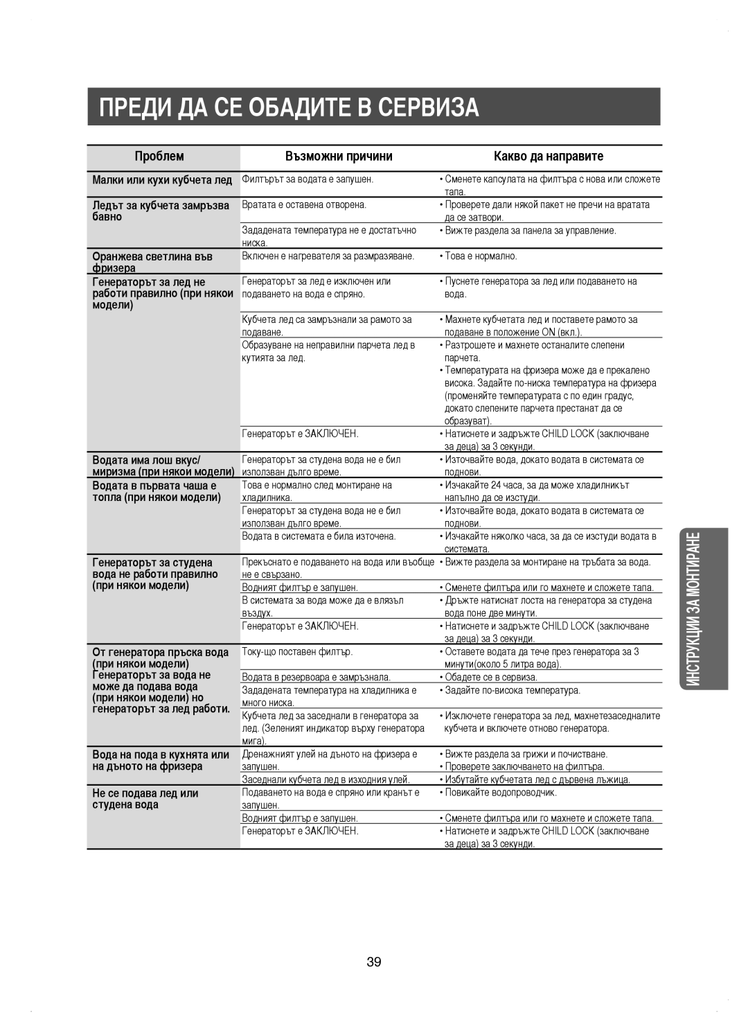 Samsung RM25KGRS1/EUR manual Бавно, Оранжева светлина във, Фризера Генераторът за лед не, Модели, Водата има лош вкус 