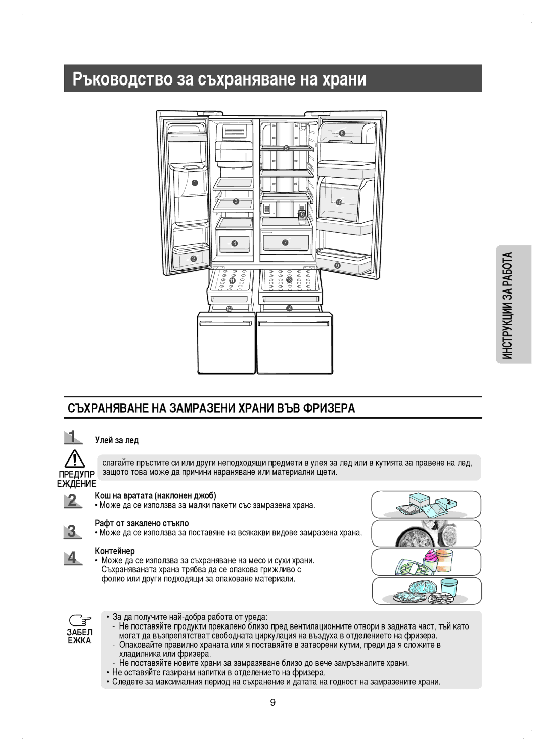 Samsung RM25KGRS1/EUR manual Съхраняване НА Замразени Храни ВЪВ Фризера, Улей за лед, Еждение Кош на вратата наклонен джоб 