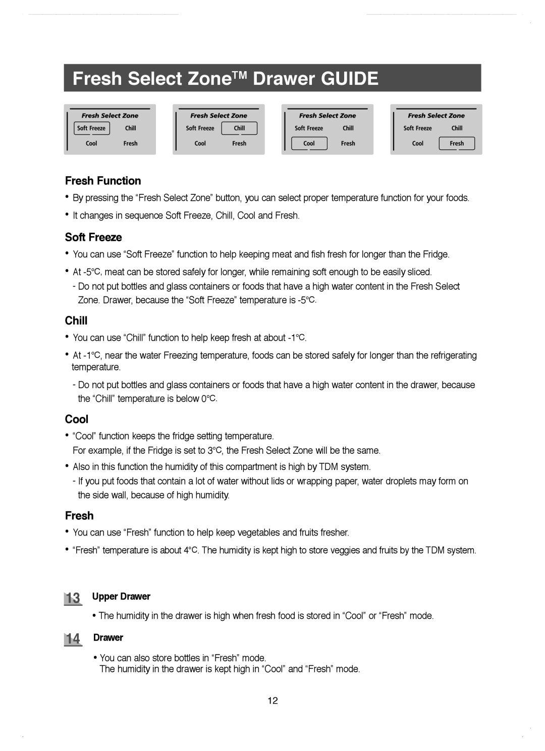 Samsung RM25KGRS1/BUL, RM25KGRS1/EUR manual Fresh Select ZoneTM Drawer Guide, Fresh Function 
