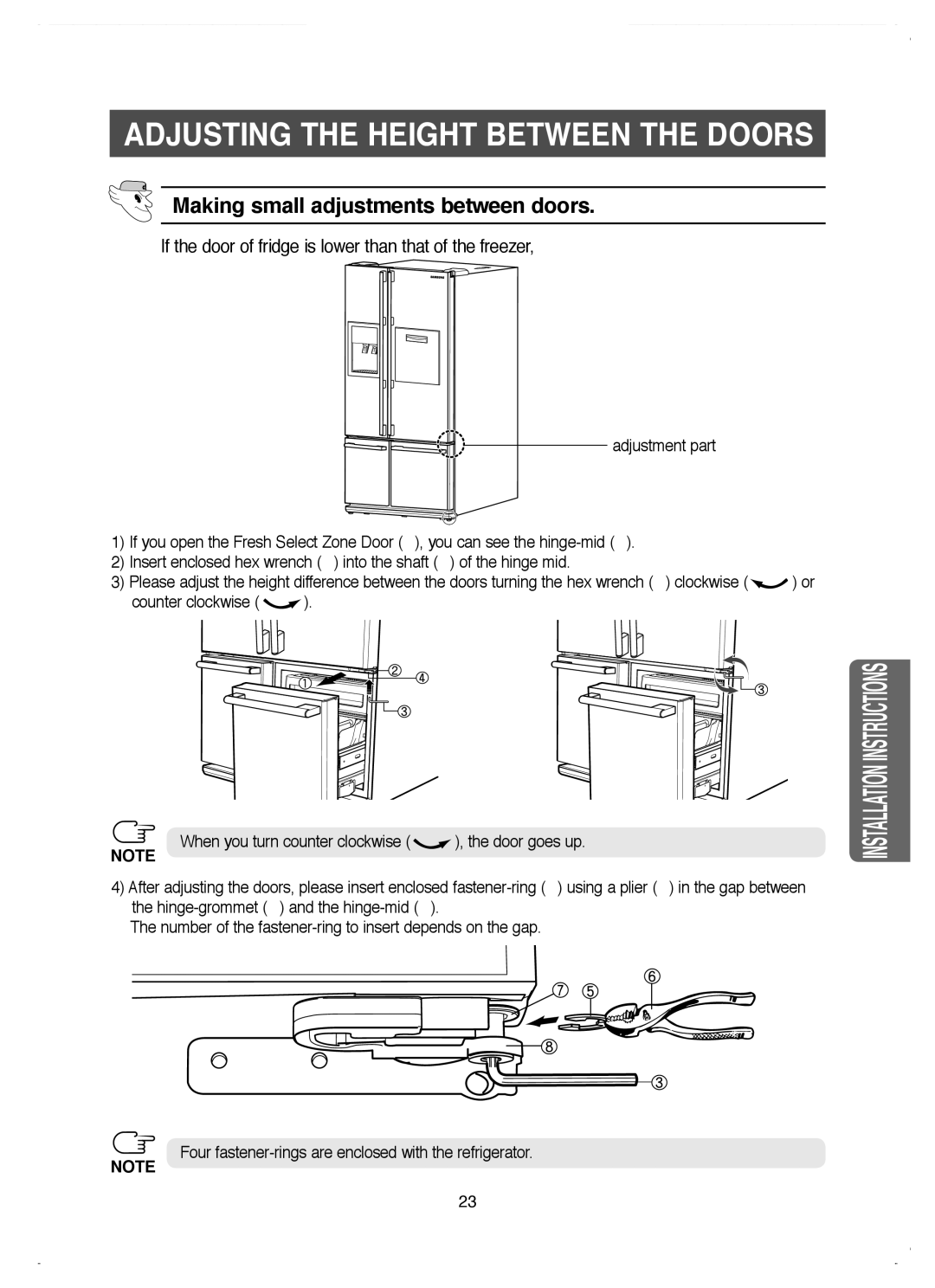 Samsung RM25KGRS1/EUR, RM25KGRS1/BUL manual Adjusting the Height between the doors, Making small adjustments between doors 