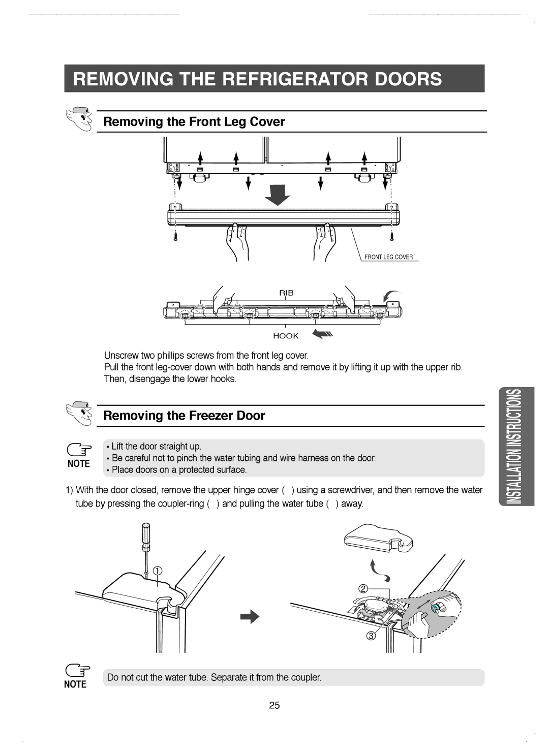 Samsung RM25KGRS1/EUR manual Removing the refrigerator doors, Removing the Front Leg Cover, Removing the Freezer Door 