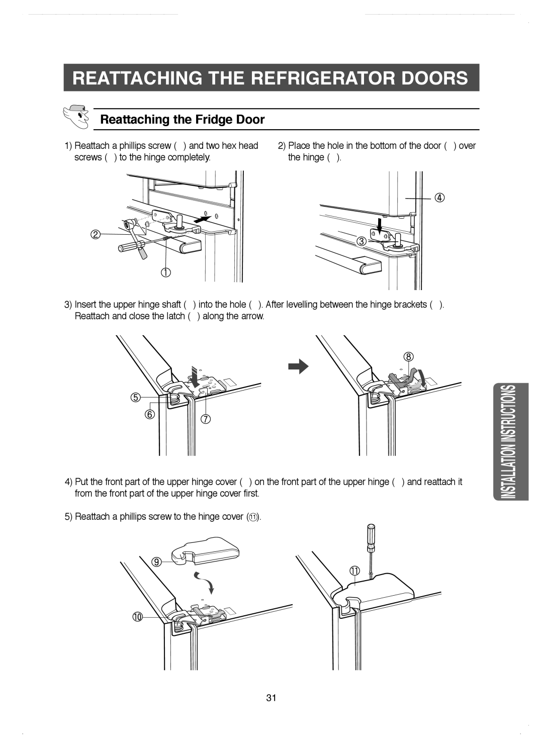 Samsung RM25KGRS1/EUR, RM25KGRS1/BUL manual Reattaching the Fridge Door 