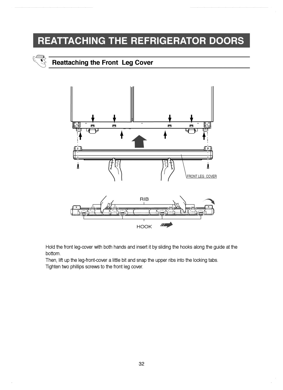 Samsung RM25KGRS1/BUL, RM25KGRS1/EUR manual Reattaching the Front Leg Cover 