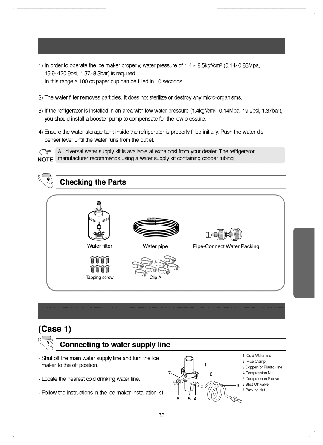 Samsung RM25KGRS1/EUR Checking the water dispenser line, Installation of the water dispenser line, Checking the Parts 