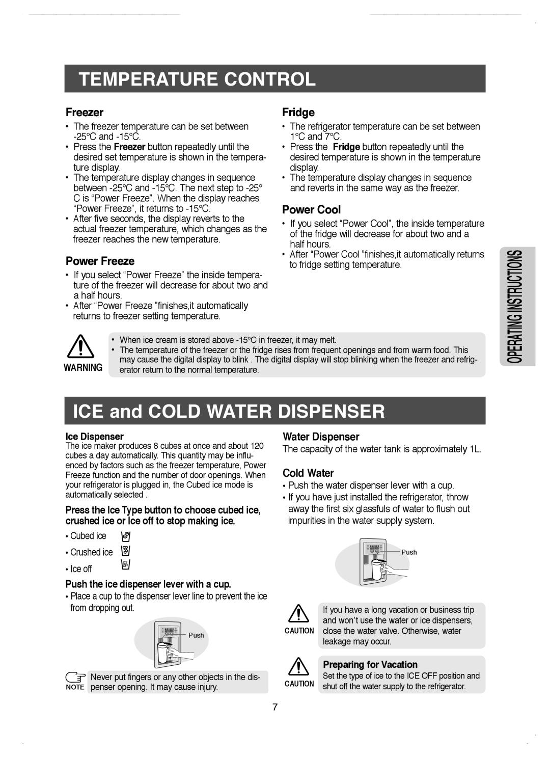 Samsung RM25KGRS1/EUR manual Temperature Control, ICE and Cold Water Dispenser, Ice Dispenser, Preparing for Vacation 