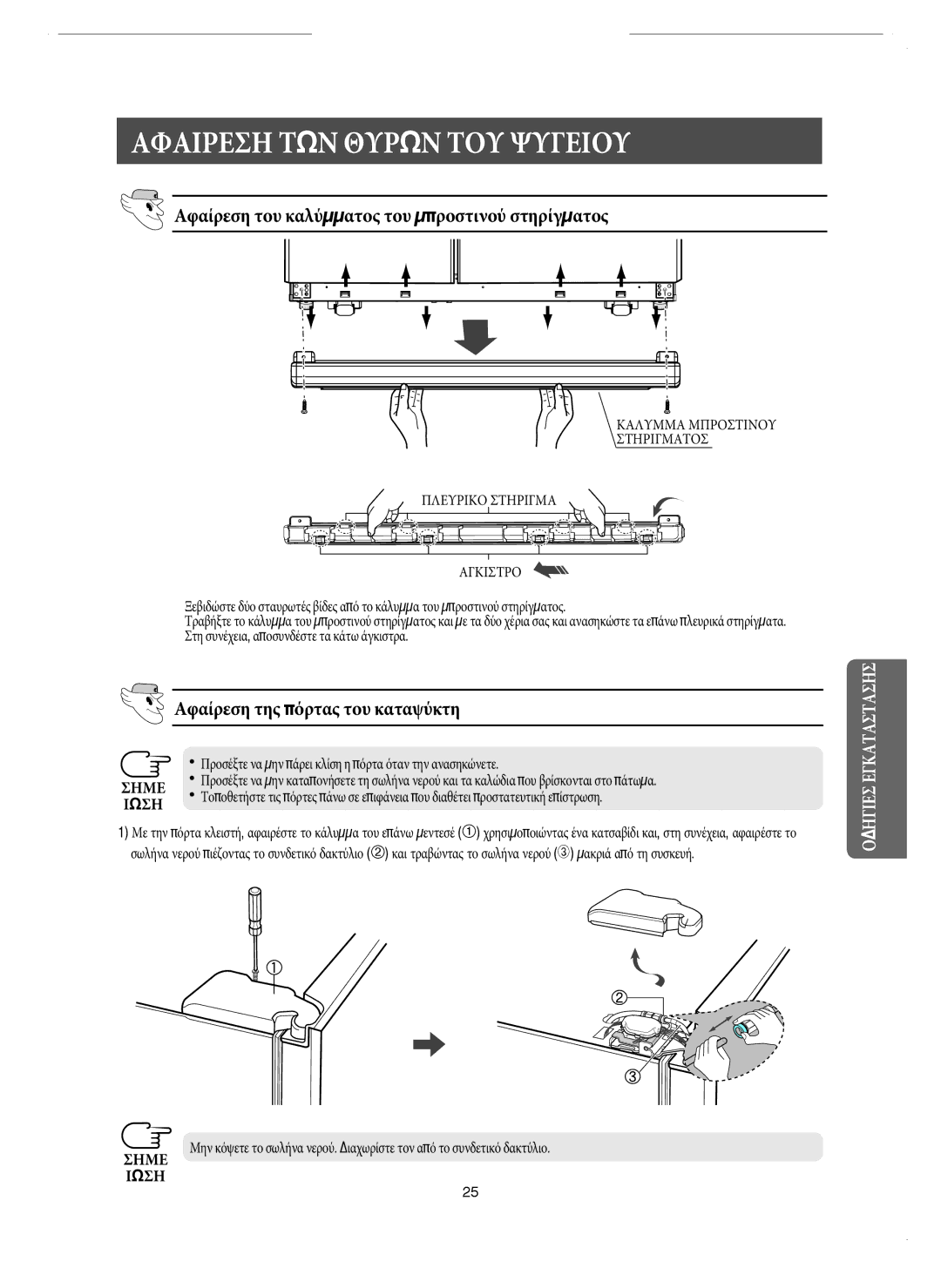 Samsung RM25KGRS1/EUR manual Αφαιρεση ΤΩΝ Θυρων ΤΟΥ Ψυγειου, Αφαίρεση του καλύμματος του μπροστινού στηρίγματος 